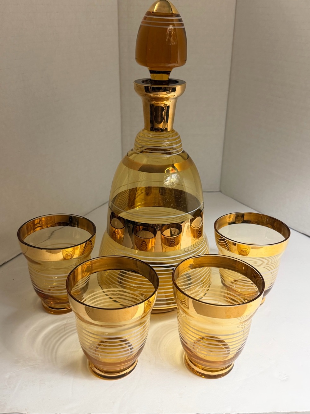 Amber Glass Decanter with Four Matching Amber Tumblers